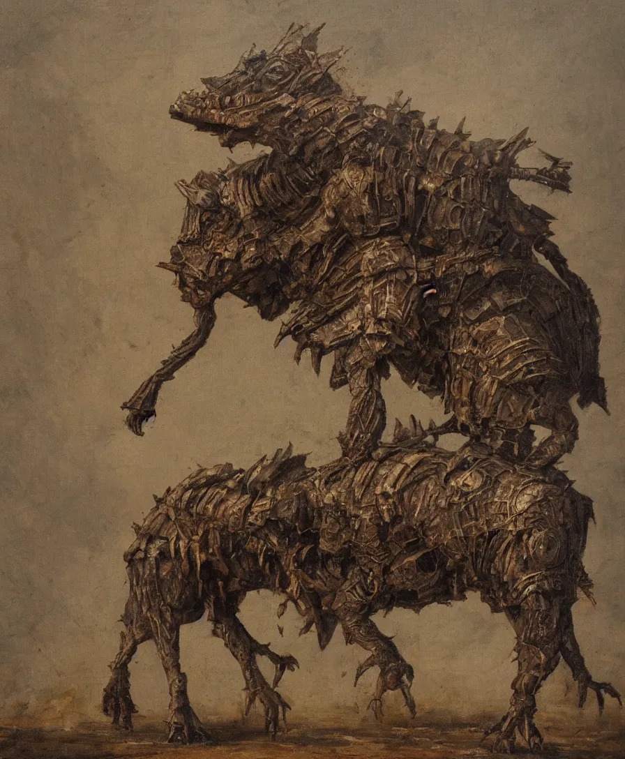 Prompt: Muddy bipedal warthog in armor. Armored warthog humanoid. Soot and stained warthog. oldpainting, oldmasters, digital illustration, centered on warthog, oil on canvas, private collection