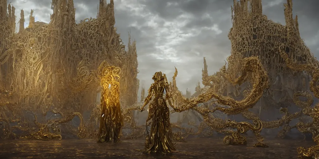 Prompt: a photo of 8k ultra realistic corrupted lovecraftian golden humanoid queen standing next to a grand citadel, 8 intricate white and gold tentacles, ornate white and gold armour, cinematic lighting, trending on artstation, 4k, hyperrealistic, focused, high details, unreal engine 5, cinematic, masterpiece