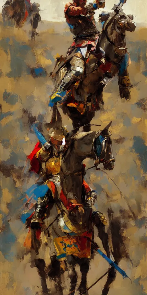 Prompt: portrait of colorful rider holding jousting lance, caparisons, chainmail, by greg manchess, bernie fuchs, ruan jia, walter everett