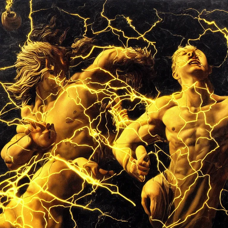 Image similar to mythological god of thunder and artificial intelligence creating an artificial neural network with dark yellow synapses on an anvil, high resolution, award winning art, trending on art station, sharp image, incredibly detailed, god of thunder detailed character realistic painting, painting by caravaggio