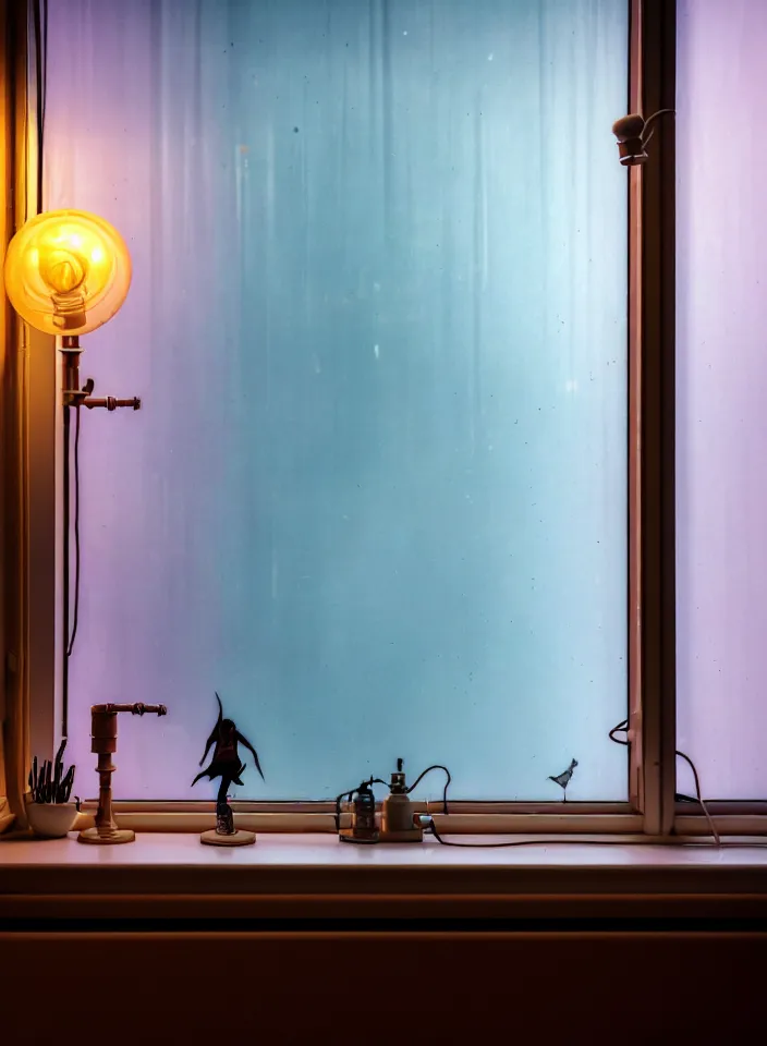 Prompt: telephoto 7 0 mm f / 2. 8 iso 2 0 0 photograph depicting the feeling of chrysalism in a cosy cluttered french sci - fi minimalist ( art nouveau ) cyberpunk apartment in a pastel dreamstate art cinema style. ( ( computer screens, window, sink, lamp ( ( ( fish tank ) ) ) ) ), ambient light.
