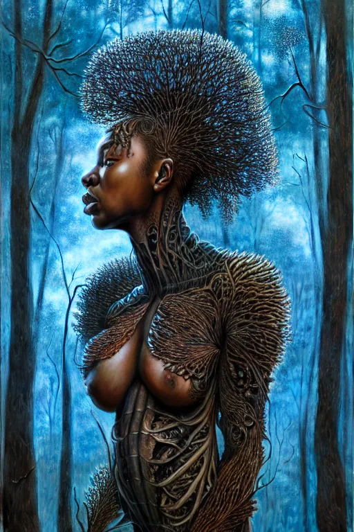 Prompt: hyperrealistic super expressive! black woman with detailed exoskeleton armor, merging with tree in a forest, matte painting masterpiece brad kunkle hannah yata dramatic blue light low angle hd 8k sharp focus
