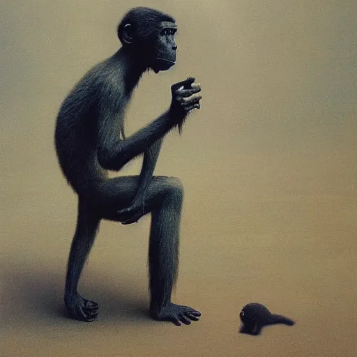 Image similar to monkey in a suit made by zdzislaw beksinski