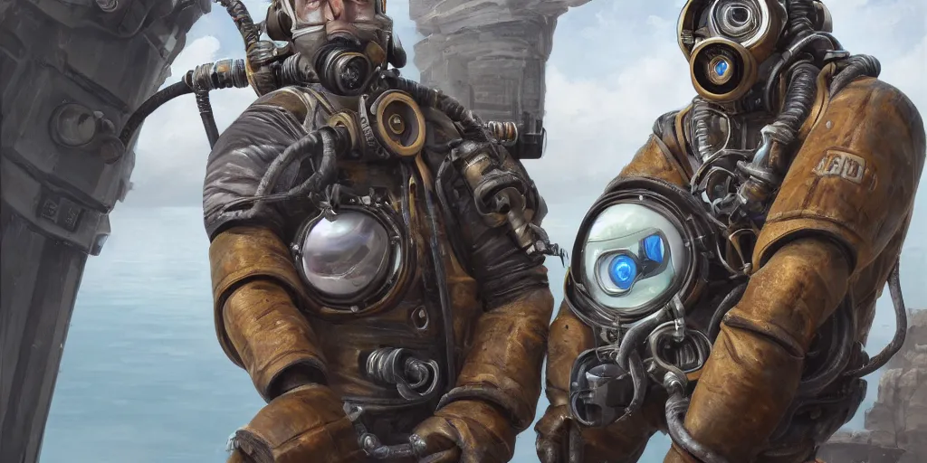 Image similar to highly detailed portrait painting of welder stallone in atmospheric diving suit, perfect symmetrical eyes, by eddie mendoza and tyler edlin, windows, 8 k resolution