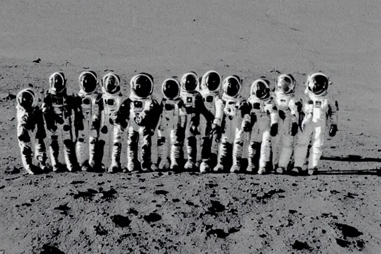 Prompt: class photo of alien martians on the moon, photo, 1 9 6 0 s