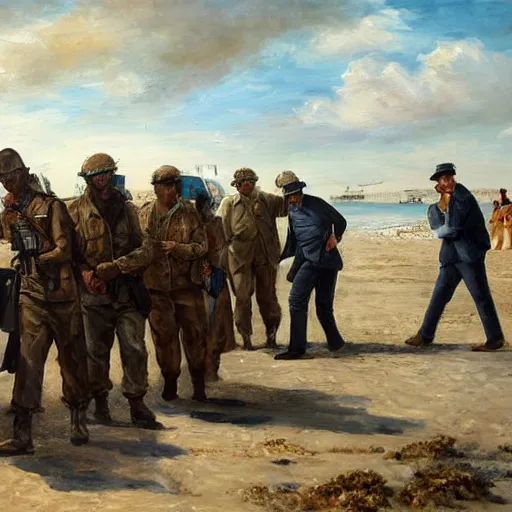 Image similar to rich drug dealers are arrested on the beach by the military, oil painting, highly detailed, 4 k