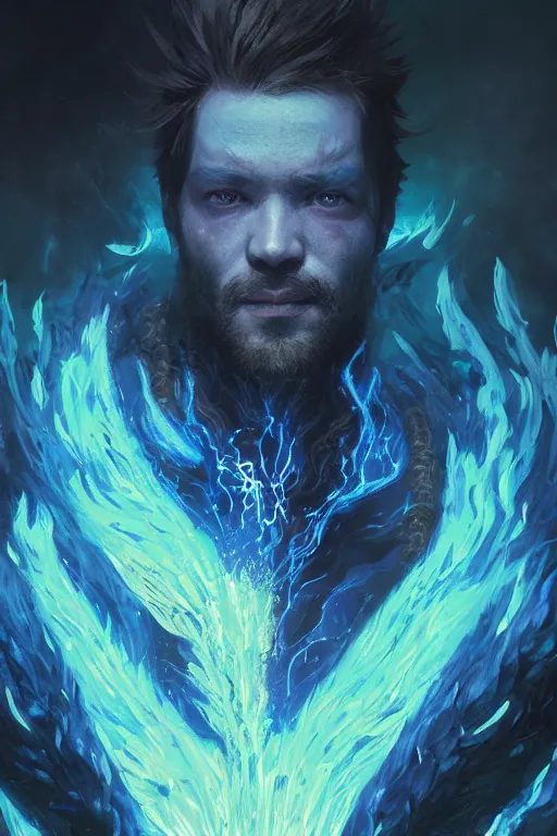 Prompt: a fancy portrait of a god covered in deep blue flames by Greg Rutkowski, Sung Choi, Mitchell Mohrhauser, Maciej Kuciara, Johnson Ting, Maxim Verehin, Peter Konig, Bloodborne , 8k photorealistic, cinematic lighting, HD, high details, atmospheric , trending on artstation