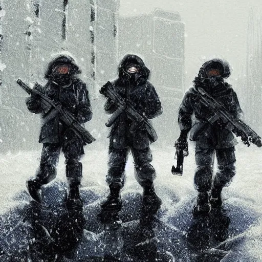 Prompt: multiple soldiers wearing arctic clothing, riot gear, in snow storm, apocalyptic, artstation