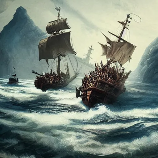 Image similar to close up of biggest pirate battle ever, realistic shaded, fine details, realistic shaded lighting poster by greg rutkowski