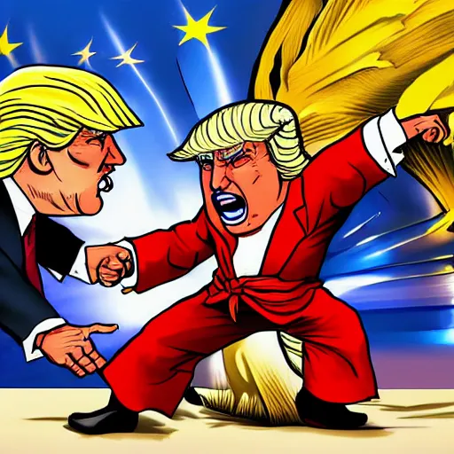 Prompt: donald trump vs xi jinping street fighter duel, fight, digital art, cartoon