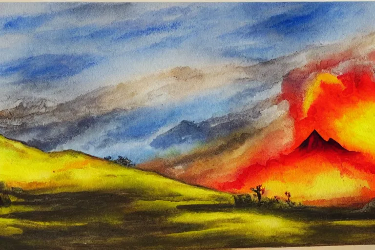 Image similar to peaceful sunny landscape with burning volcano in center and heavy thunderstorm above it, aquarelle painting, trending on artstation, 4 k