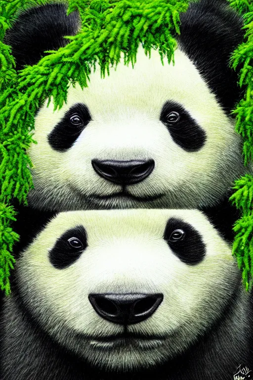 Prompt: a green moss panda, symmetrical, highly detailed, digital art, sharp focus, amber eyes, ferns, trending on art station