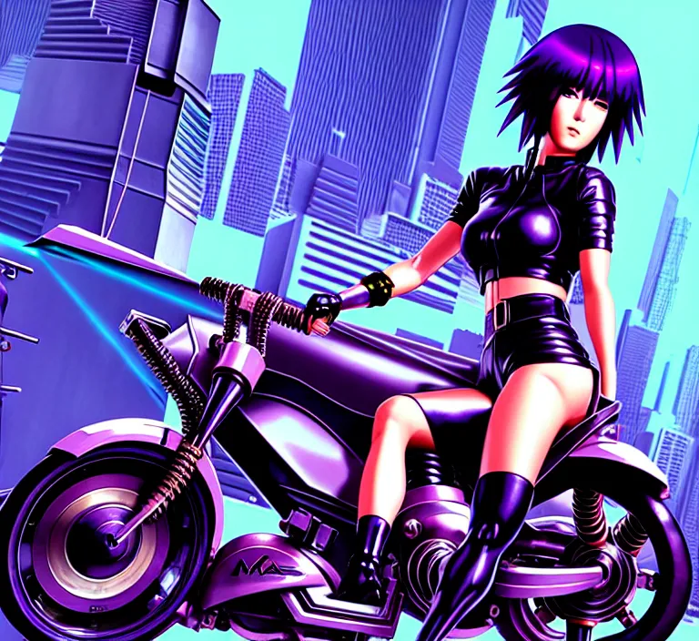 Image similar to motoko kusanagi riding a cyberpunk vehicle in a grungy cyberpunk megacity, bosozoku gang war, cyberpunk vaporwave, artgerm, sola digital arts, anti aliasing, raytracing