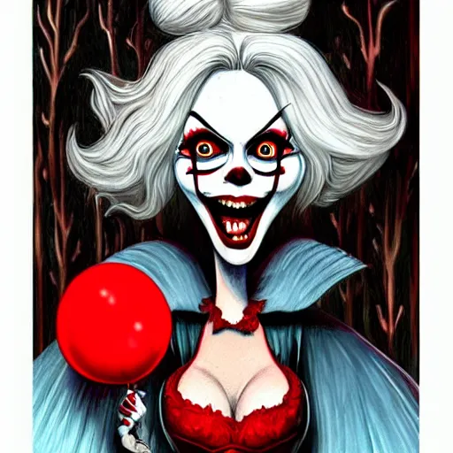 Image similar to grunge cartoon painting of margot robbie with a wide smile and a red balloon by chris leib, loony toons style, pennywise style, corpse bride style, horror theme, detailed, elegant, intricate