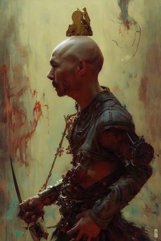 Prompt: creative bald kazakh guy with a short beard, painted by ruan jia, raymond swanland, lawrence alma tadema, zdzislaw beksinski, norman rockwell, jack kirby, tom lovell, alex malveda, greg staples