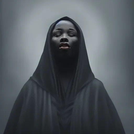 Image similar to a portrait of a young black woman wearing a long dark cloak, hood and shadows covering face, anatomically correct, beautiful perfect face, enigmatic, oil painting, matte painting, black background, Volumetric dynamic lighting, Highly Detailed, Cinematic Lighting, Unreal Engine, 8k, HD, by Beksinski