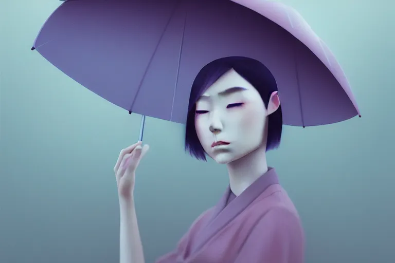 Image similar to surreal Portrait of japanese girl with transparent umbrella in dmt chromatic misty enviroment, elegant, highly detailed, smooth, photoreal, sharp focus, illustration, beautiful, geometric, dmt trending on artstation, cinematic, artwork by WLOP