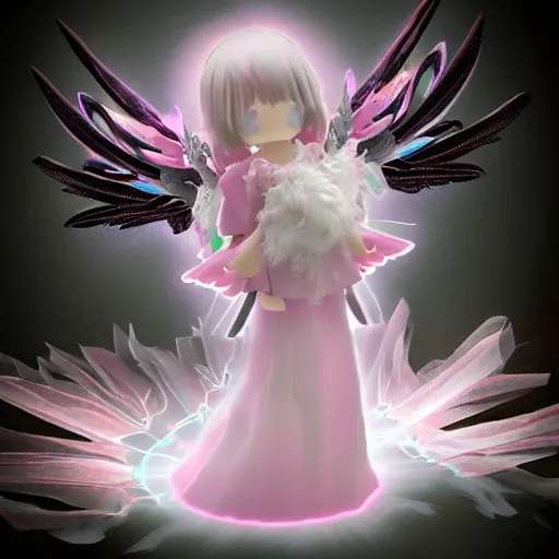 Image similar to cute fumo plush of a divine angel, gothic maiden, ribbons and flowers, ruffled wings, feathers raining, particle simulation, clouds, vray, outline glow lens flare, divine wrath