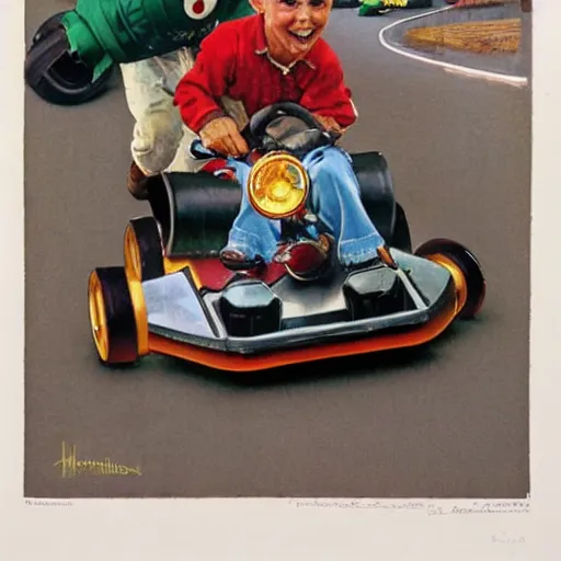 Prompt: a Norman Rockwell painting of a boy driving his go-kart with mario