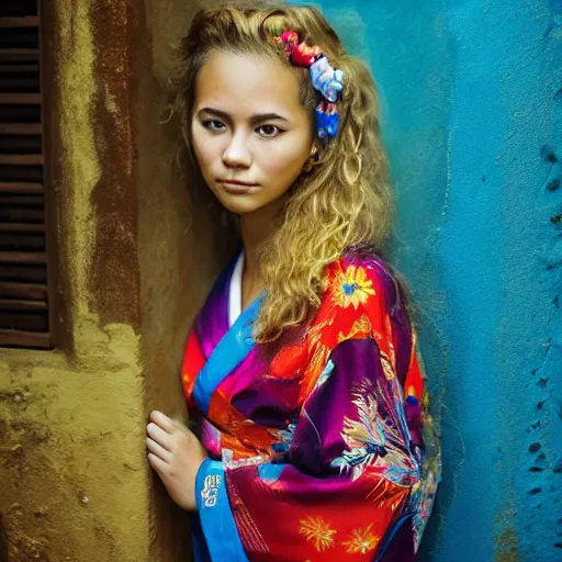 Image similar to stunning, breathtaking, awe - inspiring award - winning concept art portrait painting by steve mccurry of a beautiful young blonde latina woman with short, wavy hair, wearing a colorful yukata