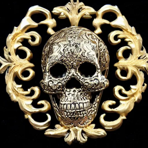 Prompt: baroque skull, scrollwork, gold, silver, precious gems