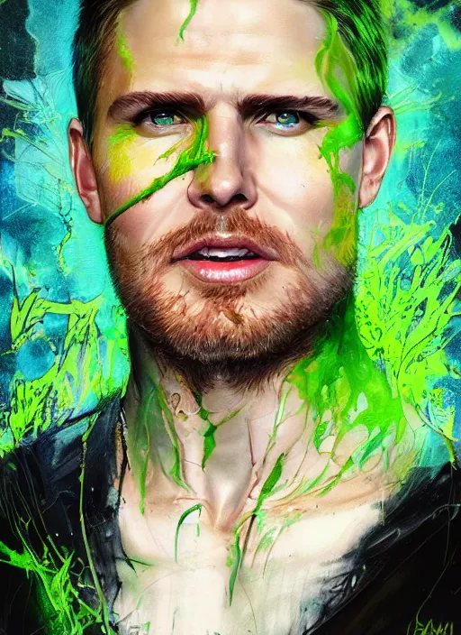 Image similar to a Demon Slayer portrait of Stephen Amell, tall, pale-skinned, slender with lime green eyes and long eyelashes by Stanley Artgerm, Tom Bagshaw, Arthur Adams, Carne Griffiths, trending on Deviant Art, street art, face enhance, chillwave, maximalist, full of color, glittering