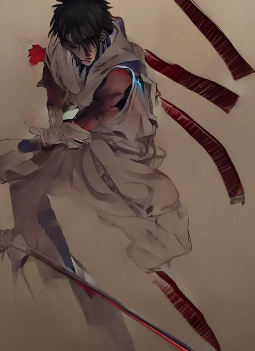 Image similar to anime ninja scroll, tall samurai turned back with long katana, masterpiece, highly detailed, artstation, concept art, mutud colors, soft lights, foggy, by yoshiaki kawajiri, by yousuke kabashima, by toshiyuki inoue, by atsushi takeuchi, by masanori takahashi, by kazuo koike