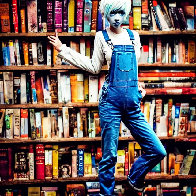 Image similar to full body pose, beautiful adult book fairy, pixar, short white hair shaved sides, dirty, grungy, grunge, long sleeve, painted overalls, stacks of giant books, highly detailed, 4 k, hdr, smooth, sharp focus, high resolution, award - winning photo, artgerm, photorealistic