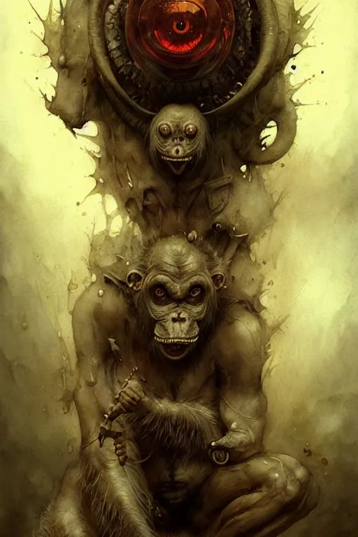 Image similar to ape demon | esoteric symbolism | jean - baptiste monge, esao andrews, bastien lecouffe - deharme, tim jacobus, ken currie | ultra - detailed realism, soft cinematic lighting, hi - fructose, artstation, high - quality, ink watercolors wes anderson poster art