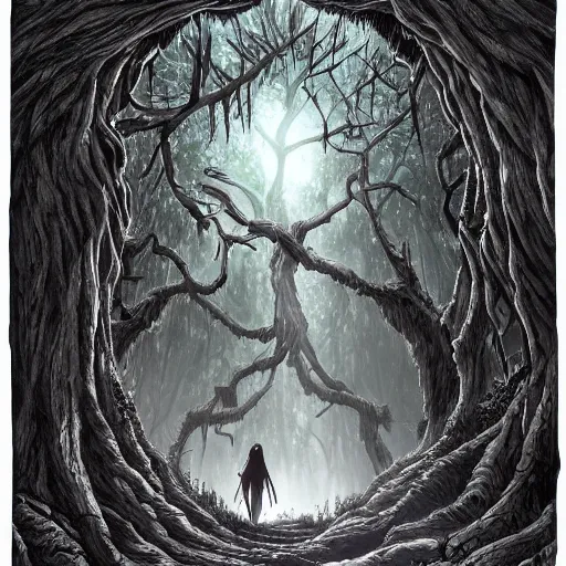 Prompt: a wizard walking towards a ravenous, ominous portal to hades embedded in a creepy tree in a densely overgrown, magical jungle, fantasy, dreamlike sunraise, ultra realistic style, stopped in time, dreamlike light incidence