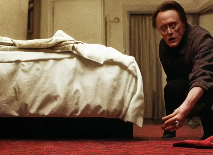 Prompt: film still of Christopher Walken hiding under a bed at night in the new Shining movie, 4k