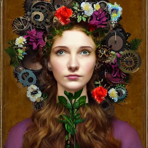 Image similar to portrait of a beautiful young cyborg woman with a big steampunk flower crown and part mechanical face , Pre-Raphaelite