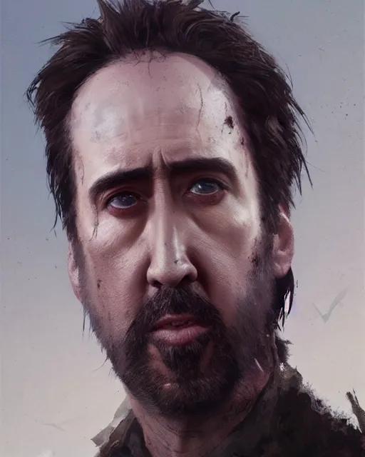 Image similar to hyper realistic photo portrait nicholas cage bearded zombie cinematic, greg rutkowski, james gurney, mignola, craig mullins, brom