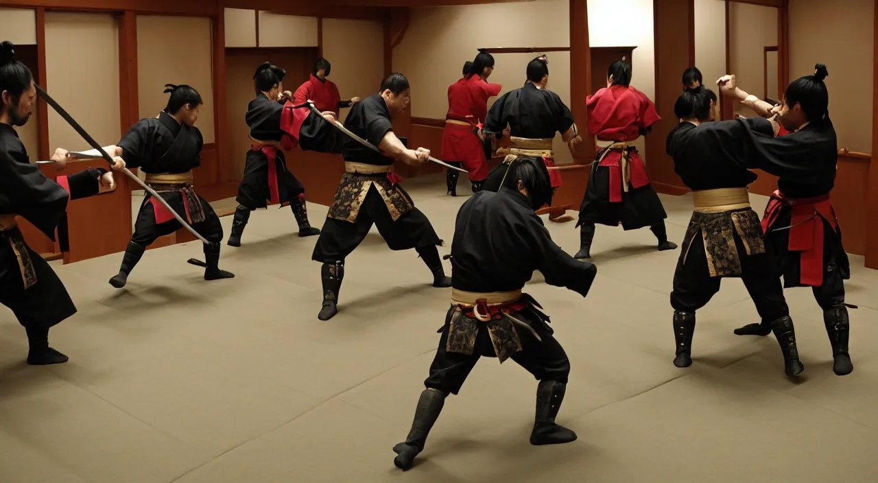 Image similar to samurai fighting in the backrooms