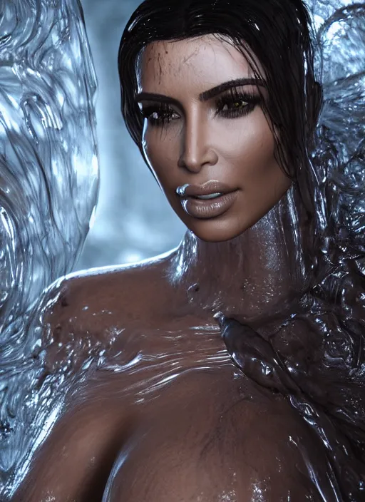 Image similar to epic still of kim kardashian trapped in a transparent alien liquid, wet flowing hair, gooey skin, illustration, unreal engine 5, 8 k, made by h. r. giger.