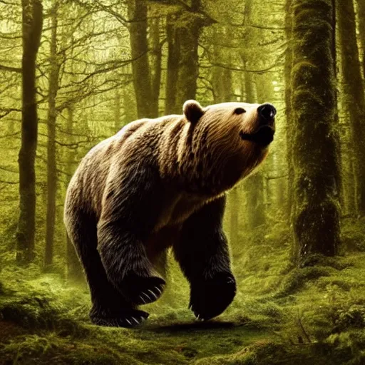 Image similar to a large bear-shaped lovecraftian monster running quickly through a woodland, magical forest, fantasy, Ireland, England, king Arthur, Lord of the rings, cinematic, realistic style, beautiful, majestic, dramatic lighting, early morning, dawn CGsociety, realistic, hyper maximalist, golden ratio, octane render, rule of thirds, wide shot , 8k resolution, epic volumetric light, cinematography, concept art, Artstation trending, environments, fantasy