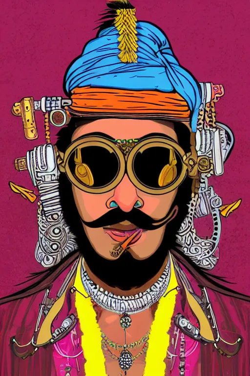 Image similar to face portrait of an indian man with long neon moustache rajasthani pagdi wearing madmax style steampunk goggles and steampunk jewelry, art by butcher billy, sticker, colorful, illustration, highly detailed, simple, smooth and clean vector curves, no jagged lines, vector art, smooth