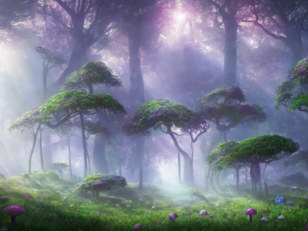 Prompt: 3d render of opalescent iridescent Kauai enchanted mushroom forest meadow, Sunlight Study, by Jan Davidsz de Heem and ((((((Lisa Frank)))))), misty morning, Art Nouveau, 8k, extreme detail, sharp focus, octane render