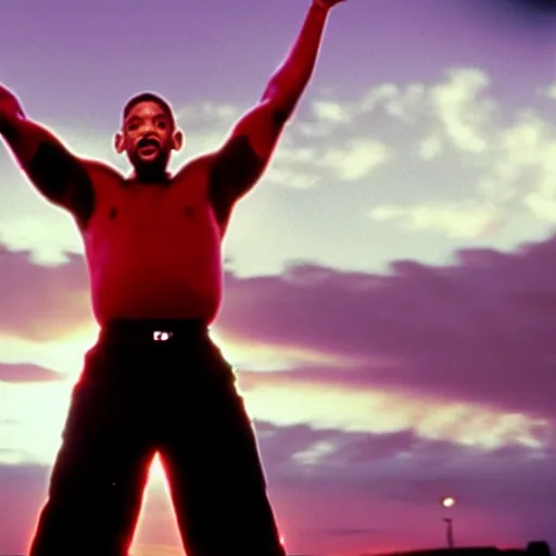 Image similar to will smith with 4 arms holding up his giant hand.. training montage, movie still, cinematic lighting, 3 5 mm film.