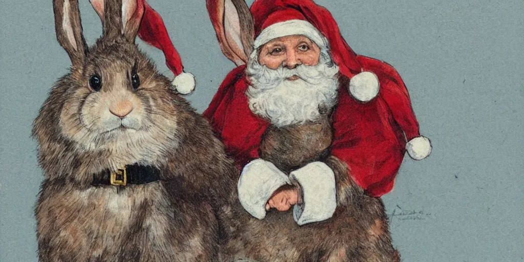 Image similar to a rabbit dressed as a swedish santa, christmas postcard, in the style of anders zorn