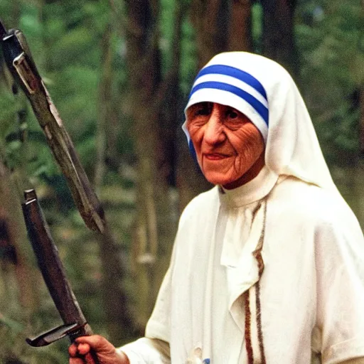 Prompt: A still of Mother Teresa as Rambo in Rambo First Blood