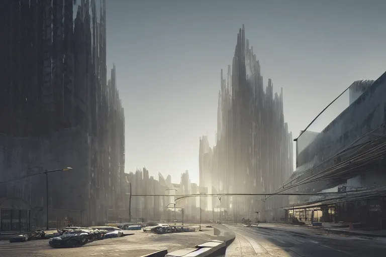 Image similar to streetscape, a towering cathedral of brutalist architecture, buildings covered with greebles, stunning volumetric light, sunset, metal, concrete and translucent material, stunning skies, majestic landscape, trending on Artstation, 8k, photorealistic, hyper detailed, unreal engine 5, IMAX quality, cinematic, epic lighting, in the style of Greg Rutkowski