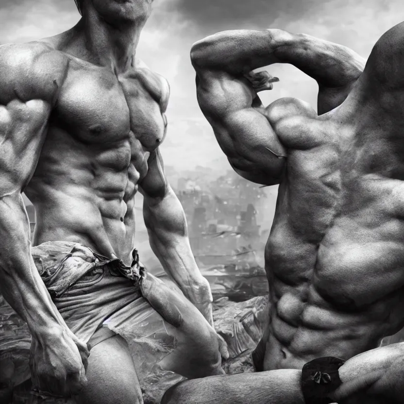 Image similar to a single muscular man wearing torn clothes, looking to the right, profile picture, hyperrealistic, concept art, octane render, unreal engine 5, trending on artstation, high quality, highly detailed, 8 k, dramatic lighting, cinematic, high coherence, anatomically correct, five fingers, digital art, seductive, black and white
