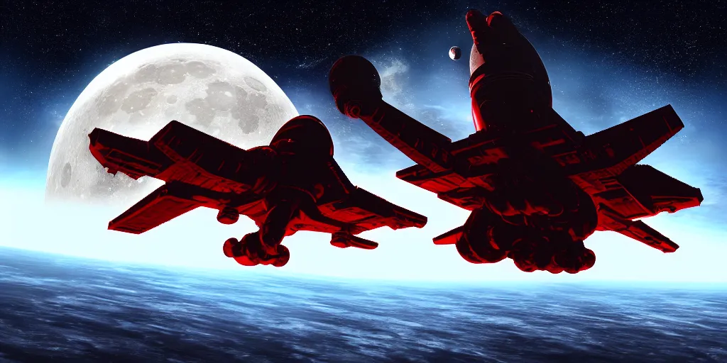 Image similar to giant Cthulhu silhouetted on top of red jetfighter spaceship, photorealistic, wide-angle, long shot, epic, space, lunar backdrop