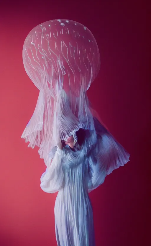 Image similar to fashion photography of a woman wearing an outfit inspired by a jellyfish, artistic photography, cinematic lighting, insanely detailed, chiaroscuro, cinestill 8 0 0 t, vogue magazine