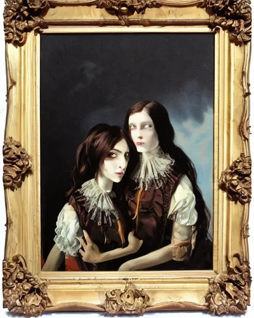 Image similar to a beautiful and eerie baroque painting of two beautiful but creepy siblings wearing vivienne westwood collars in layers of fear, with haunted eyes and dark hair, 1 9 7 0 s, seventies, wallpaper, a little blood, morning light showing injuries, delicate embellishments, painterly, offset printing technique, by brom, robert henri, walter popp