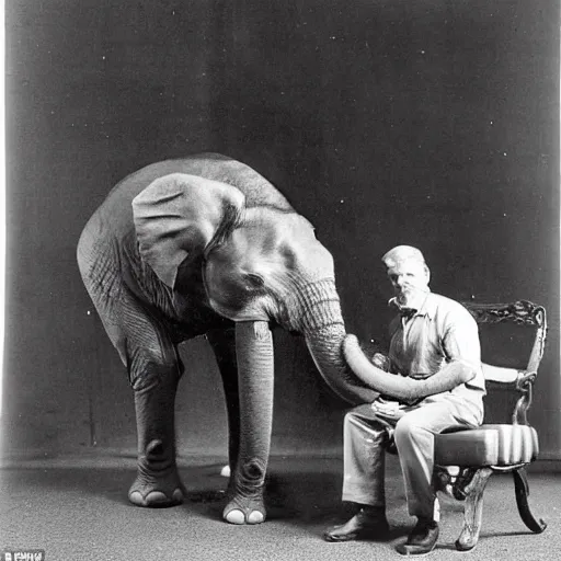 Prompt: a man on a chair with his pet elephant on his lap