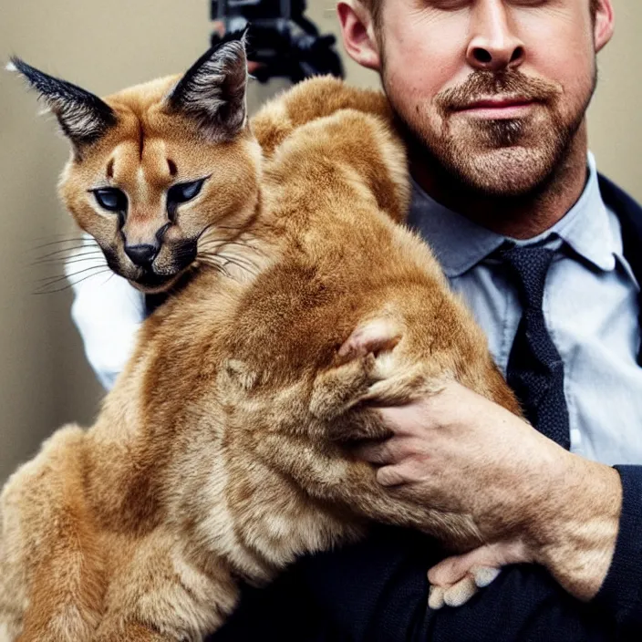 Image similar to Ryan Gosling holds a caracal cat in his hands, ultra highly detailed, smooth, sharp focus, elegant, artstation