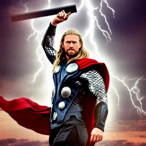 Image similar to thor with dog's head, holding a hammer, cinematic thunder background