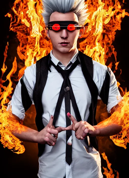 Image similar to An epic fantasy comic book style portrait painting of young man with long red spiked hair. Wearing a black waistcoat, white shirt, using googles. Blasting fire on his hands. Unreal 5, DAZ, hyperrealistic, octane render, cosplay, RPG portrait, dynamic lighting